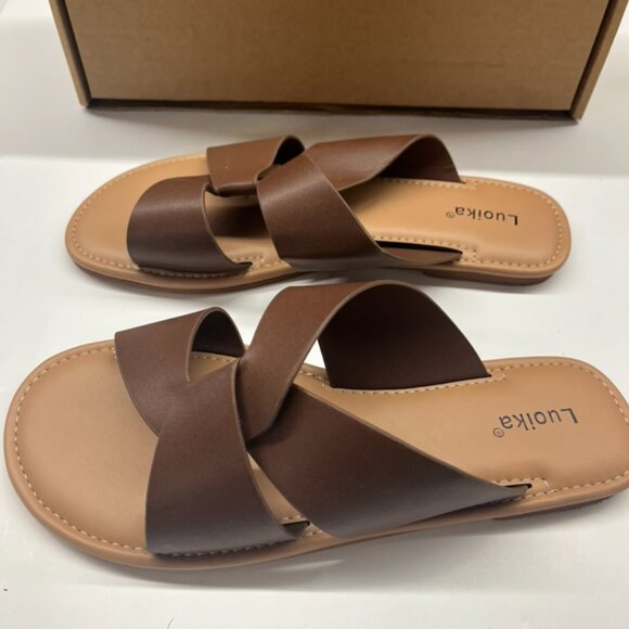 NEW Luoika Women's Wide Width Flat Slides Sandals in Brown Size 9.5 X-Wide - Picture 5 of 8